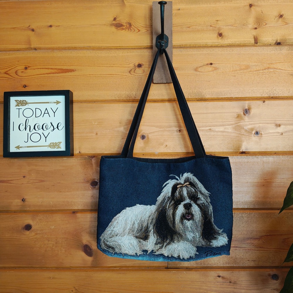 Vintage PICKEN Jacquard Cotton Woven Tapestry Shih Tzu Shoulder Bag Purse Tote